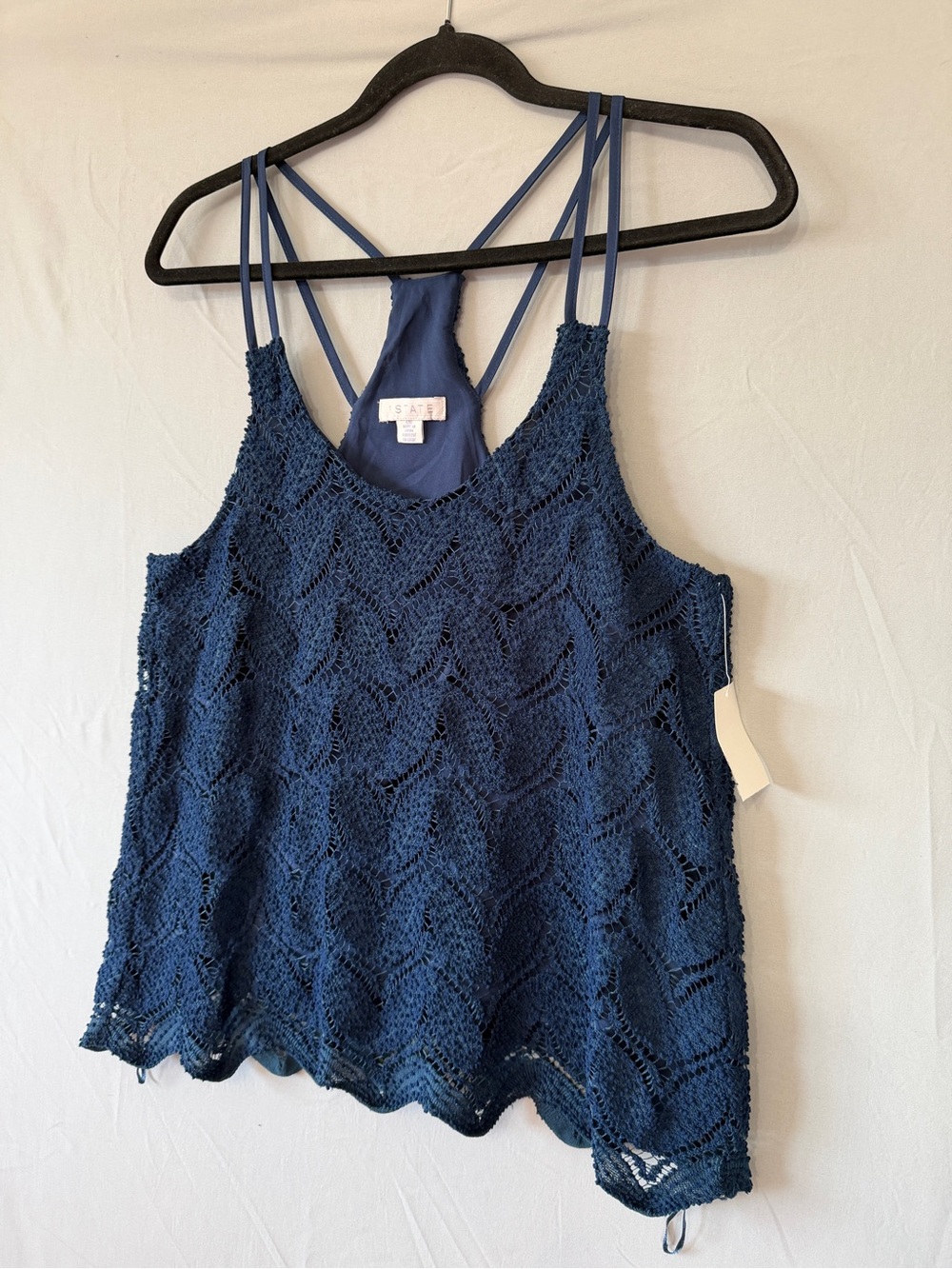 1.STATE Womens Boho Crochet Doublestrap Tank Top L Navy Racerback Lined Flowy - Picture 4 of 8